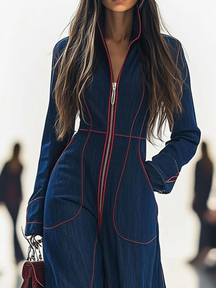 

Autumn Women Holiday Long Sleeve Playsuits, Simple Chic Wide Leg Pants Jumpsuits, 2025 Retro Patchwork Elegant Ladies Bodysuits