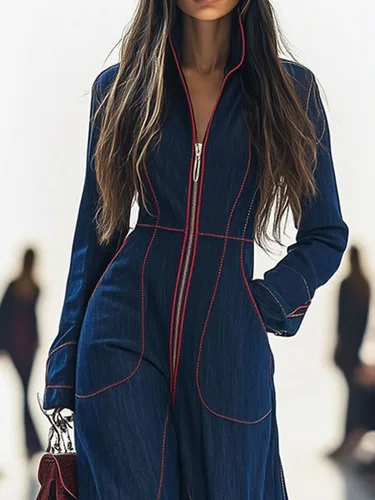 Monos de manga larga para vacaciones de otoño para mujer, monos con pantalones de pierna ancha simples y elegantes, monos elegantes de retales Retro para mujer 2025