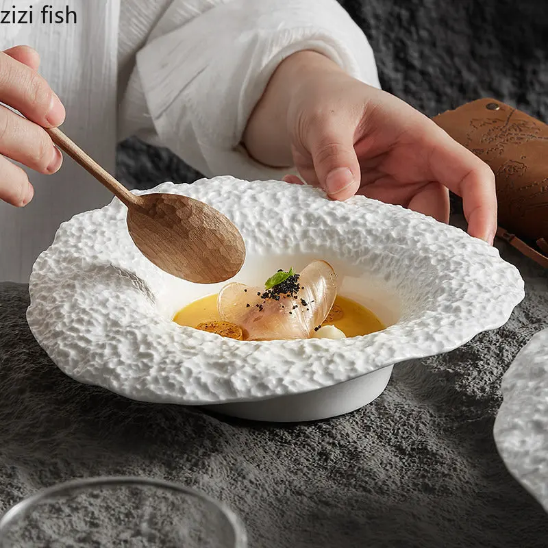 Rock Texture Ceramic Main Dish Plate Hotel Restaurant Household Dinner Plate Pasta Salad Mushroom Soup Plates Hat Shaped Bowl