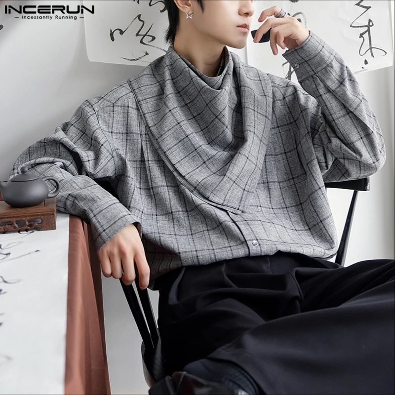 

INCERUN Men Plaid Shirt Scarf Long Sleeve Loose Casual Men Clothing Streetwear Korean Style Fashion Irregular Shirts Men Tops
