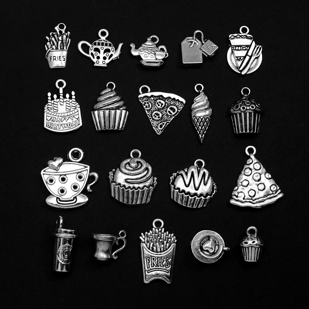 Colgante de taza de té y café para hacer joyas, accesorios de suministros de bricolaje, Vintage, comida, pastel, Pizza, helado, patatas fritas, 10, 20 piezas por lote