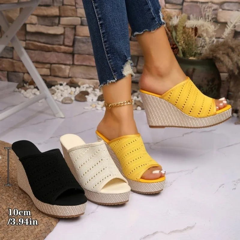 Womens Wedge Sandals Open Toe High Heel Platform Mules Knitted Look Slip on Backless Woven Texture Casual Summer Walking Shoes view 6