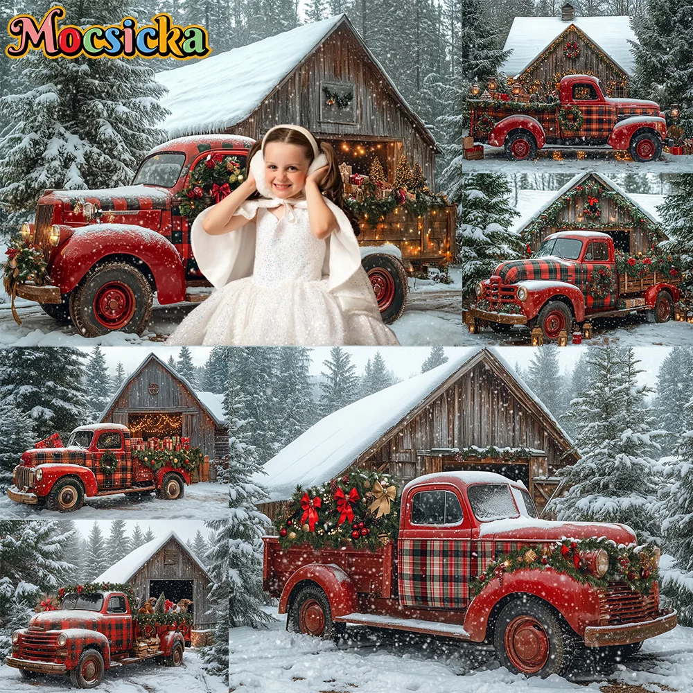 Mocsicka Photography Background Christmas red Truck Gift Warehouse Decoration Backdrop Newborn Family Holiday Party Studio Props