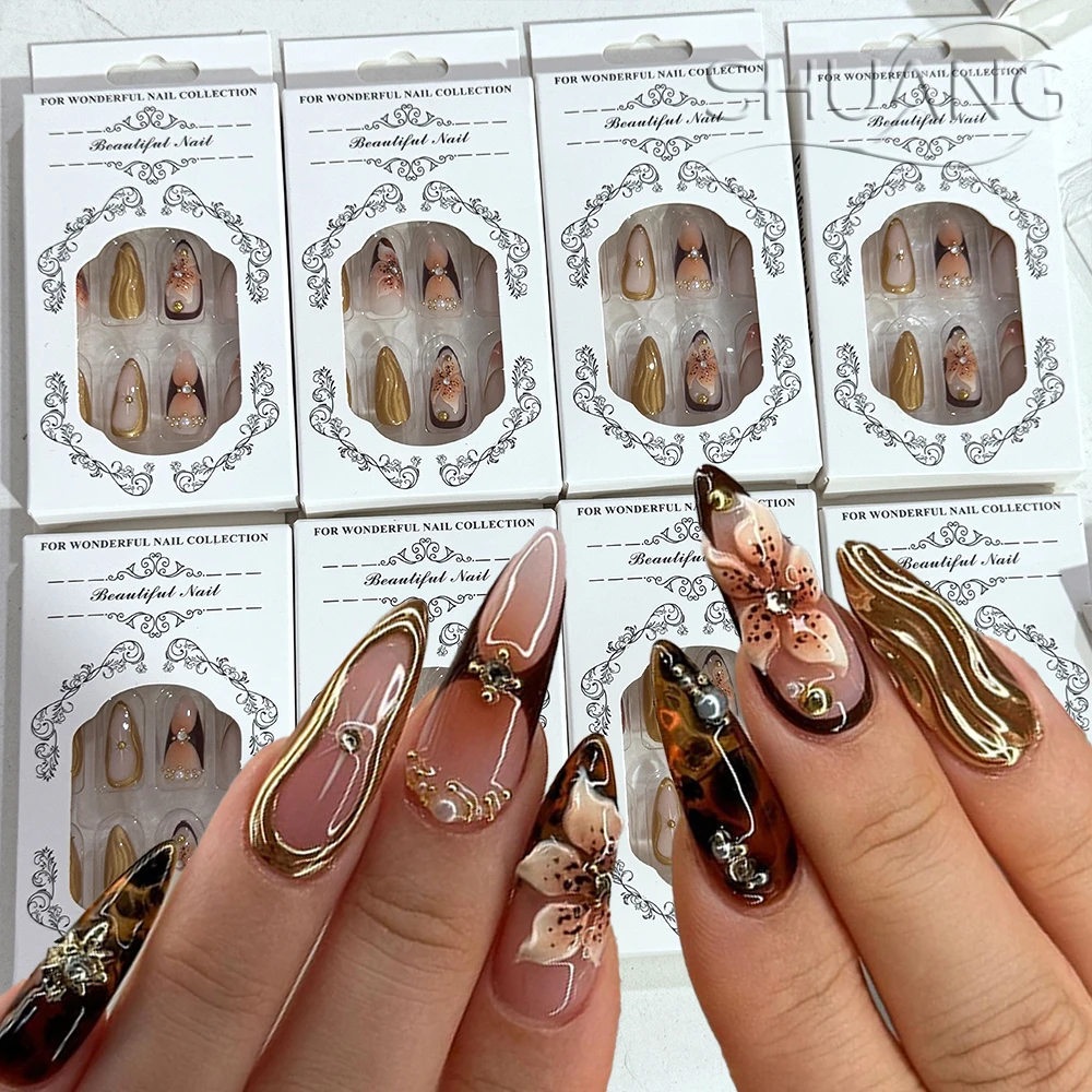 

24Pcs Glossy False Nails 3D Design Acrylic Flowers Press on Nails Y2k Gold Ripple Caviar Beads Nail Tips Amber French Fake Nails