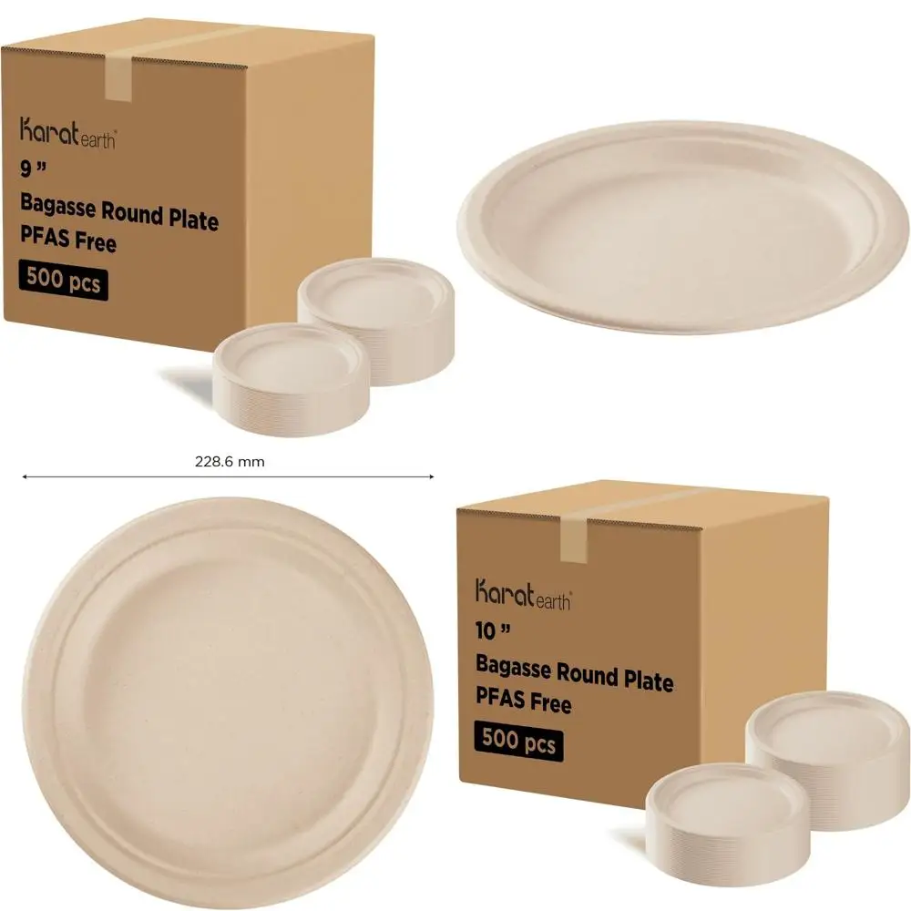 

9-дюймовые компостируемые тарелки из натурального пасса, биоразлагаемые, безопасные для микроволновой печи, без PFAS, оптовый футляр по 500 шт.