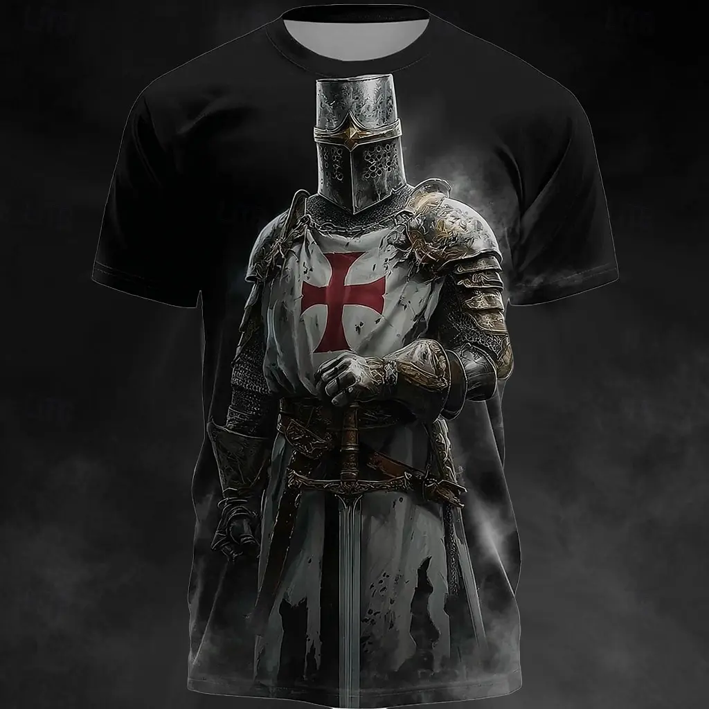 Men's Templar Crusader Red Cross T-Shirt Medieval Gothic Vintage All Over Print Casual Streetwear Tee for Spring & Summer
