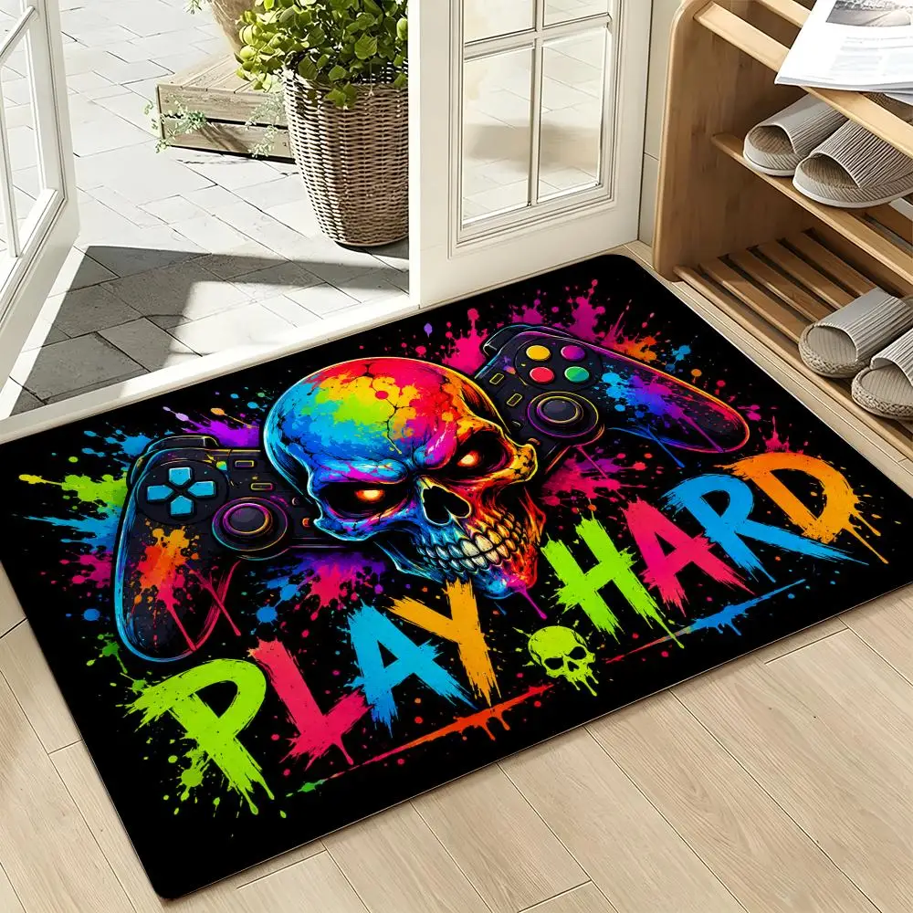 Neon Gamer Skulls Controllers Arcade Graffiti Art Floor Mat Soft Flannel Non Slip Absorbent Entryway Bathroom Bedroom Garage