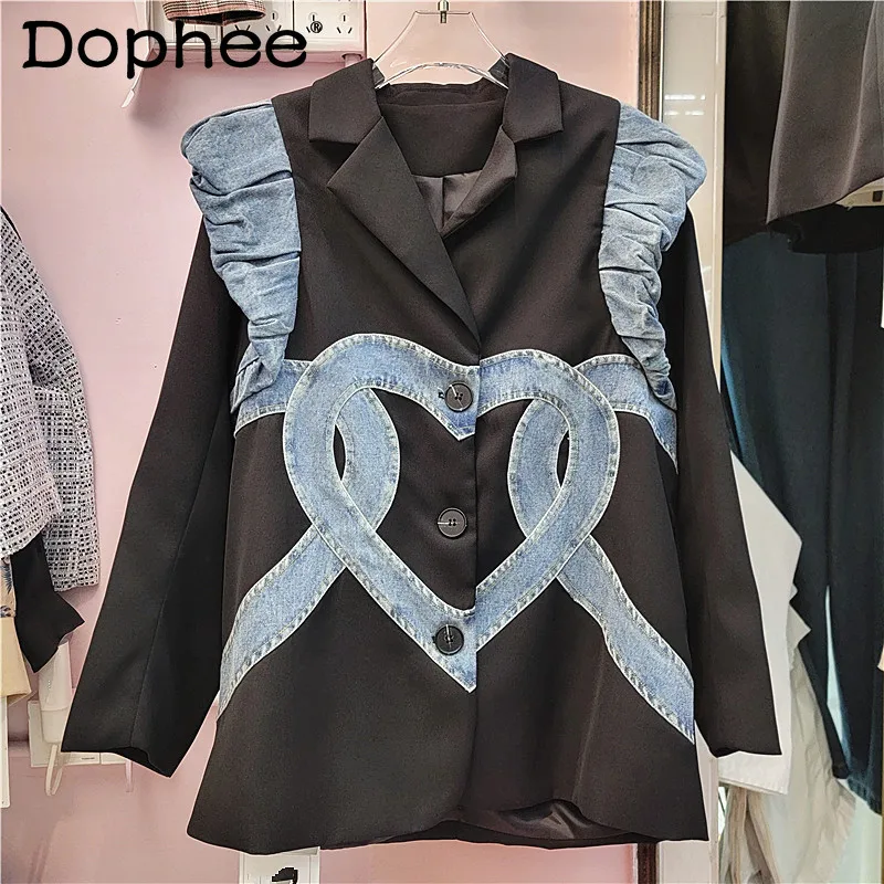 

Design Sense Chic Blazer Women 2024 Autumn New Splicing Denim Love Pattern High Sense Loose Coated Jacket Black Whiter