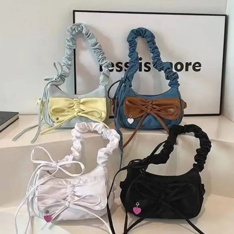 Bloom Sweet Cool Denim Shoulder Bags Women Haruku Bow Chic Cute Y2k Handbag Purse Ladies Casual Blue Underarm Bag Aesthetic