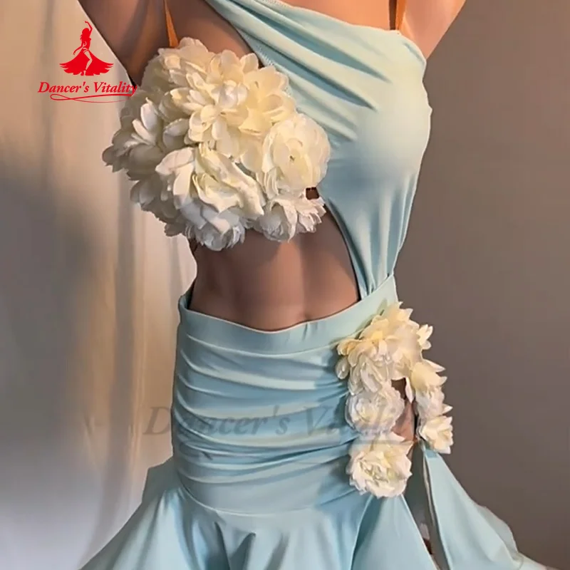 Traje de baile latino para mujer, falda de cola de pez con flores exquisitas personalizadas, ropa de actuación de Tango Samba Chacha para adultos y niños