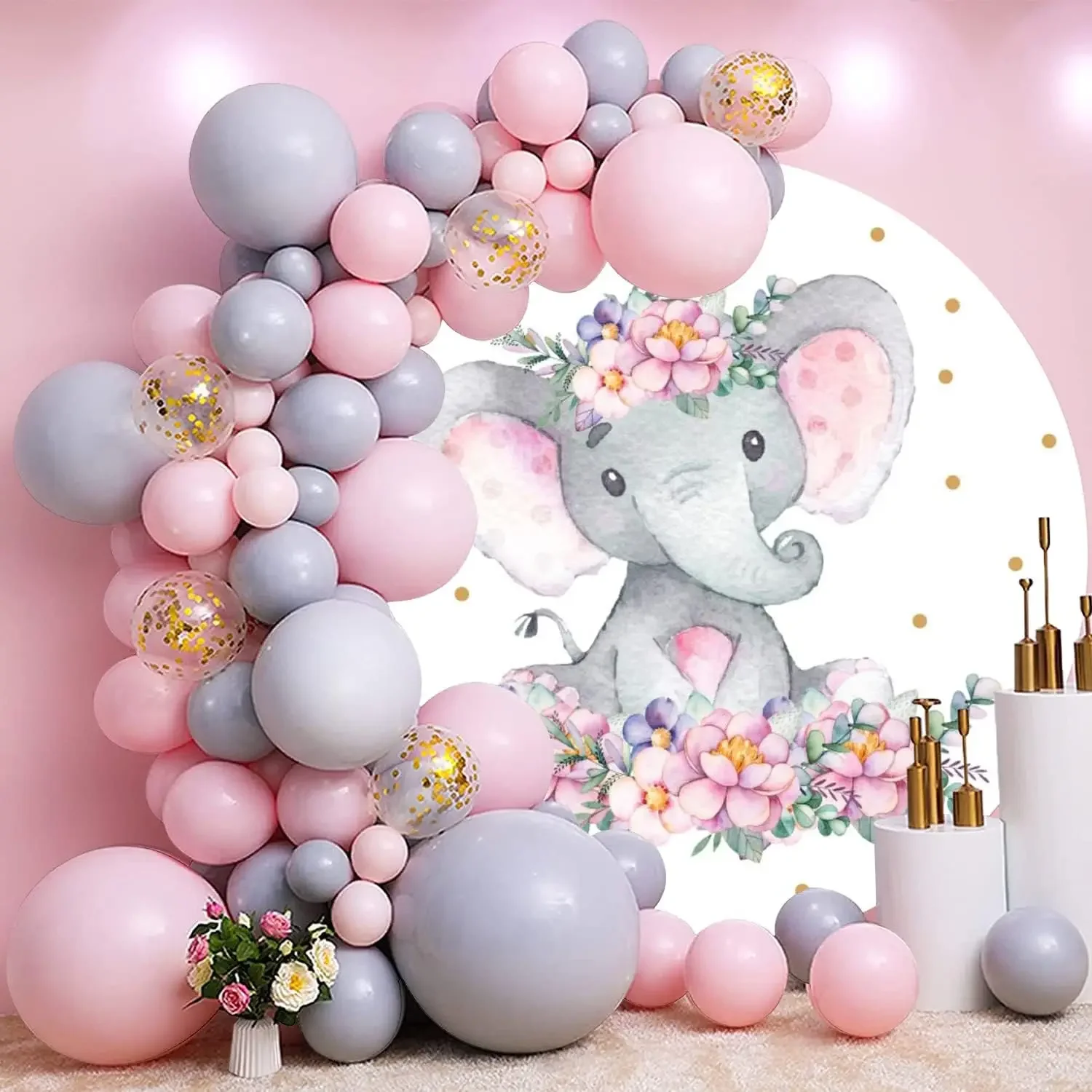 Tableclothsfactory Elephant Round Backdrop Baby Shower Boy Girl Birthday Party Pink Blue Flower Cute Circle Fabric Cover