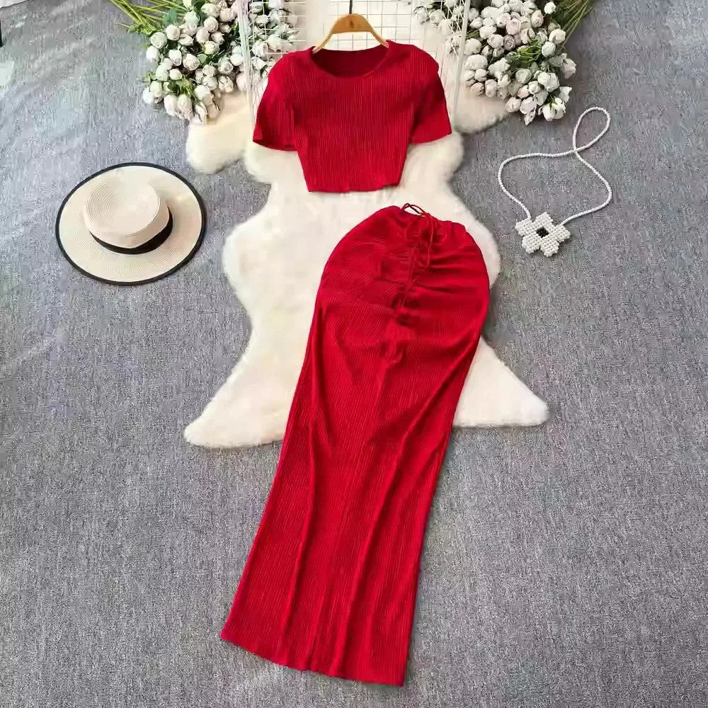 Chic Women Two-Piece Sets Basics O-neck Short Sleeve Top and High Waist Pleated Lace-up Skirt French High Street Summer Clothing