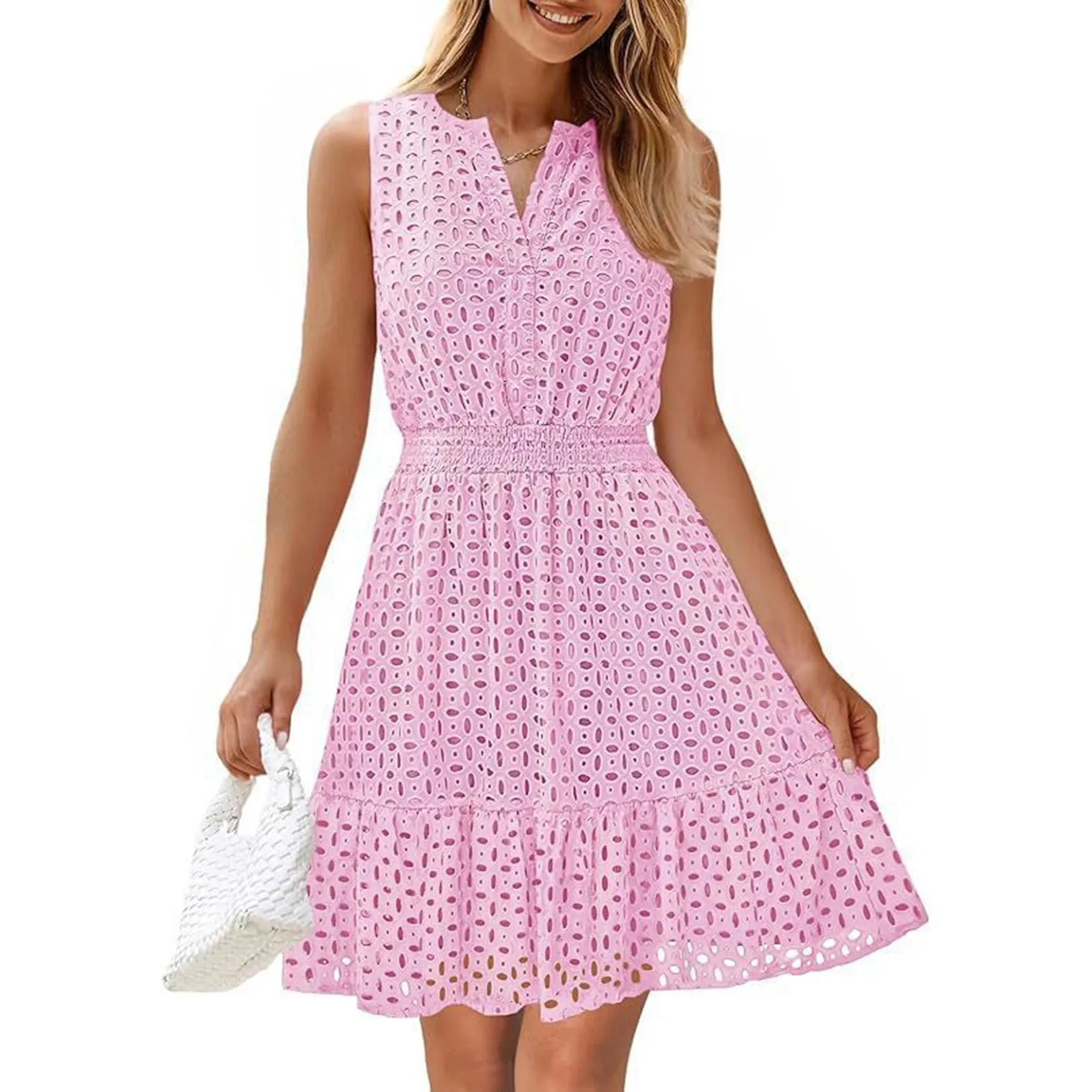 ชุดเดรสฤดูร้อนของผู้หญิงแฟชั่นลูกไม้กลวงคอวีสีทึบชุดลําลองแขนกุดสุภาพสตรีทุกวันชุดอเนกประสงค์ elbise