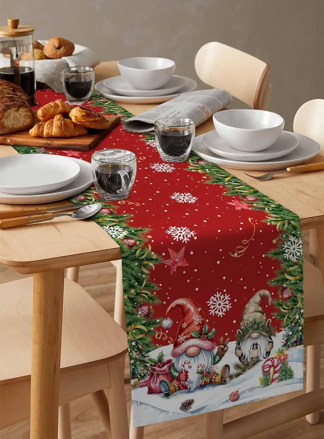 Christmas Tree Gnome Linen Table Runner Holiday Party Decorations Washable Kitchen Dining Table Runners Navidad Decorations