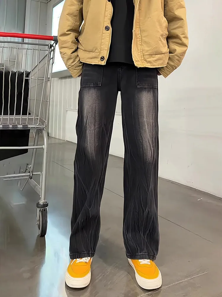 

Мужские джинсы American High Street с узором в виде молнии, осенне-зимние, прямого кроя, рабочие, длинные брюки, средняя посадка, на молнии