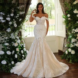 EVLAST Customized 2025 Mermaid Long Wedding Dress Lace Applique Beading Vestido De Novia Wedding Bridal Gown Robe De Mariee MD02