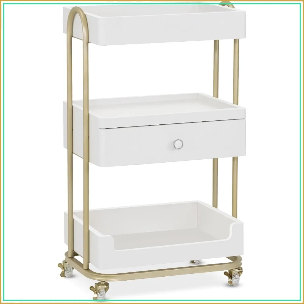 BarberPub Salon Trolley Cart 3-Tier White Gold Accents 2086