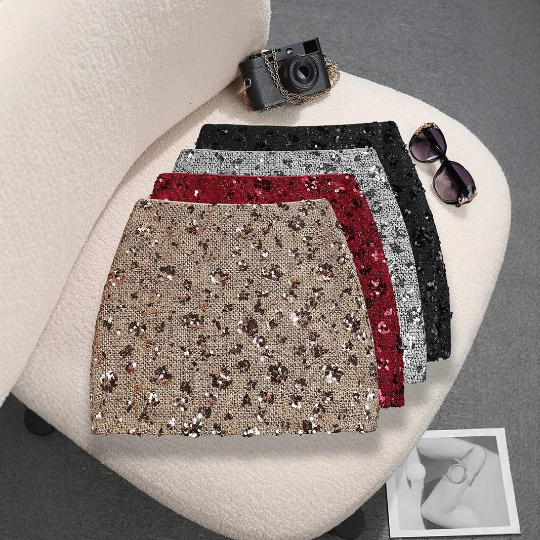 

Sequins Flower Skirts for Women Fashion High Waist Anti-light Buttocks Short Skirt