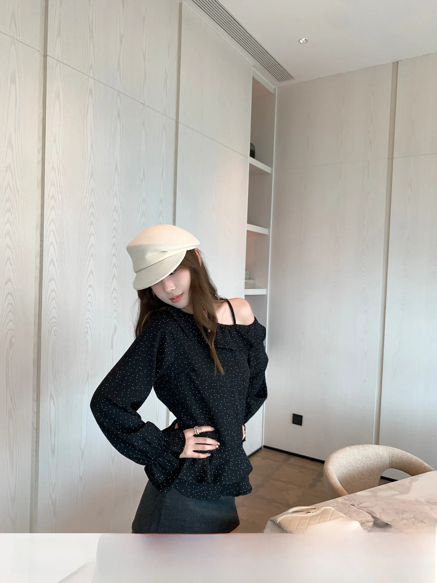 

Anneop Star Night Quilted Design oulder Bared Polka Dot irt Early Autumn Irregular Lace Hem Top Korean Sle Long Sve