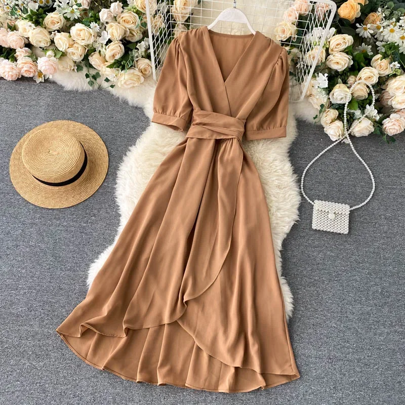Women\'s Dress Spring New Temperament V-neck Solid Color Bubble Short-sleeved Irregular Ruffle Edge Lacing Dress Leisure Vestidos
