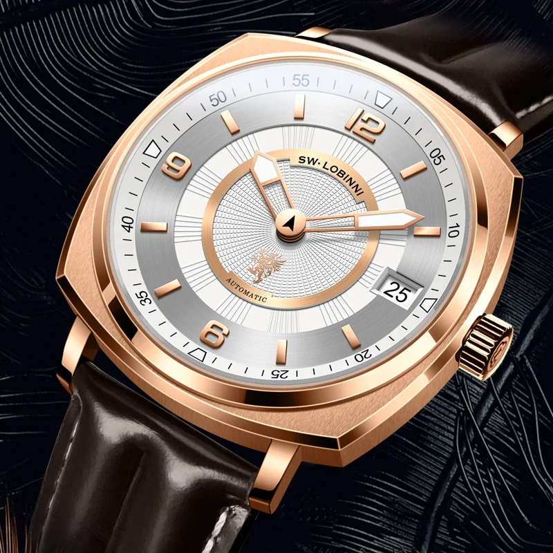 Lobinni reserva de energia 80 horas relógio mecânico automático masculino design quadrado dial vidro safira pulseira couro azul relógios masculinos