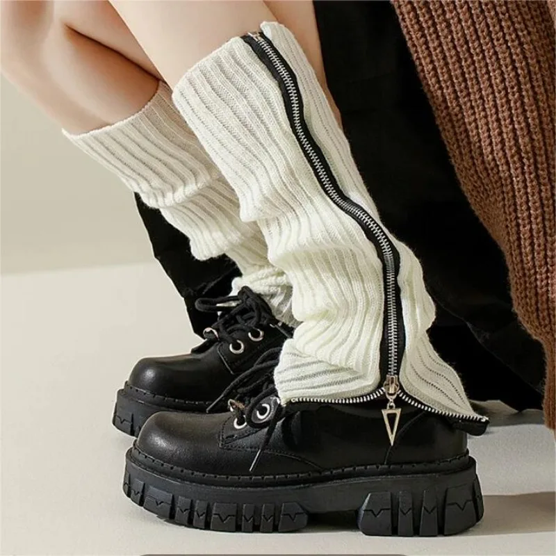 Y2K Millennium Style Zipper Leg Warmer Lolita Leggings Knitted Warm Punk Legwarmers Knee High Socks Autumn Winter JK Boot Cuffs