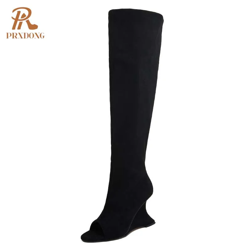 PRXDONG Women Boots 2024 New Brand Summer Autumn Qulaity High heels Peep Toe Black Apricot Dress Party Female Knee High Boots 39