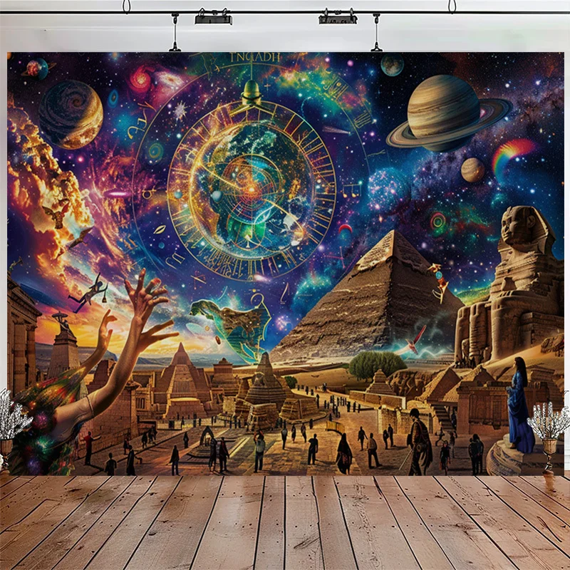 Abstract Space Galaxy Tapestry Egypt Pyramid Sphinx Astrology Zodiac Cosmic Celestial Wall Hanging Polyester Home Decor Art Post