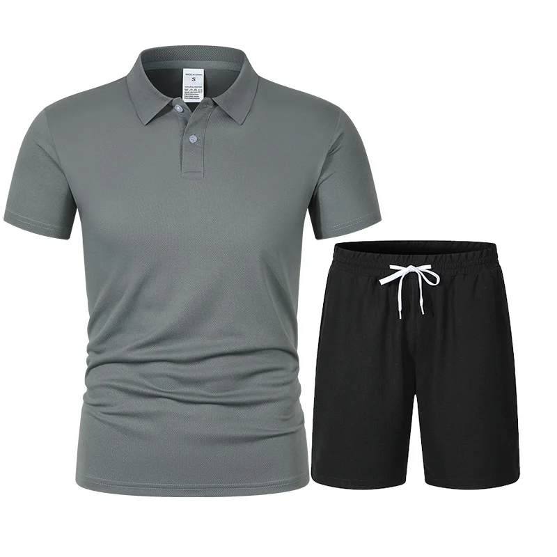 2025 Men Europe and the United States new summer Waffle solid color zip-up lapel short-sleeve suit shorts two sets