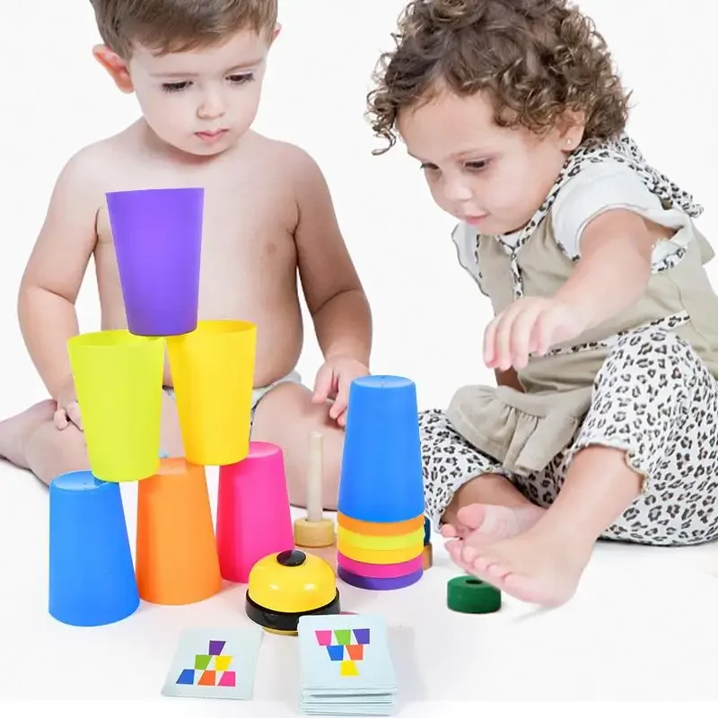 Montessori brinquedos pilha copo jogo com cartão educacional iluminação intelectual cor cognição lógica treinamento crianças