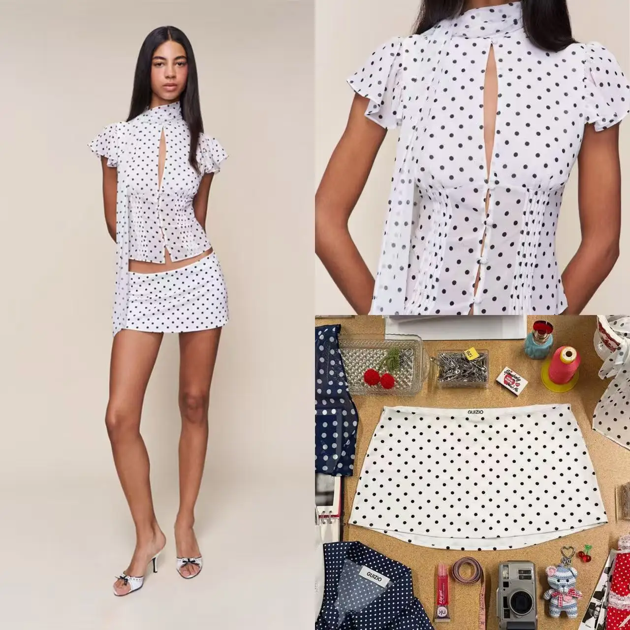 Guz polka dot printed chiffon top, French elegant puffed sleeve shirt, low-waist A-line polka dot skirt pants