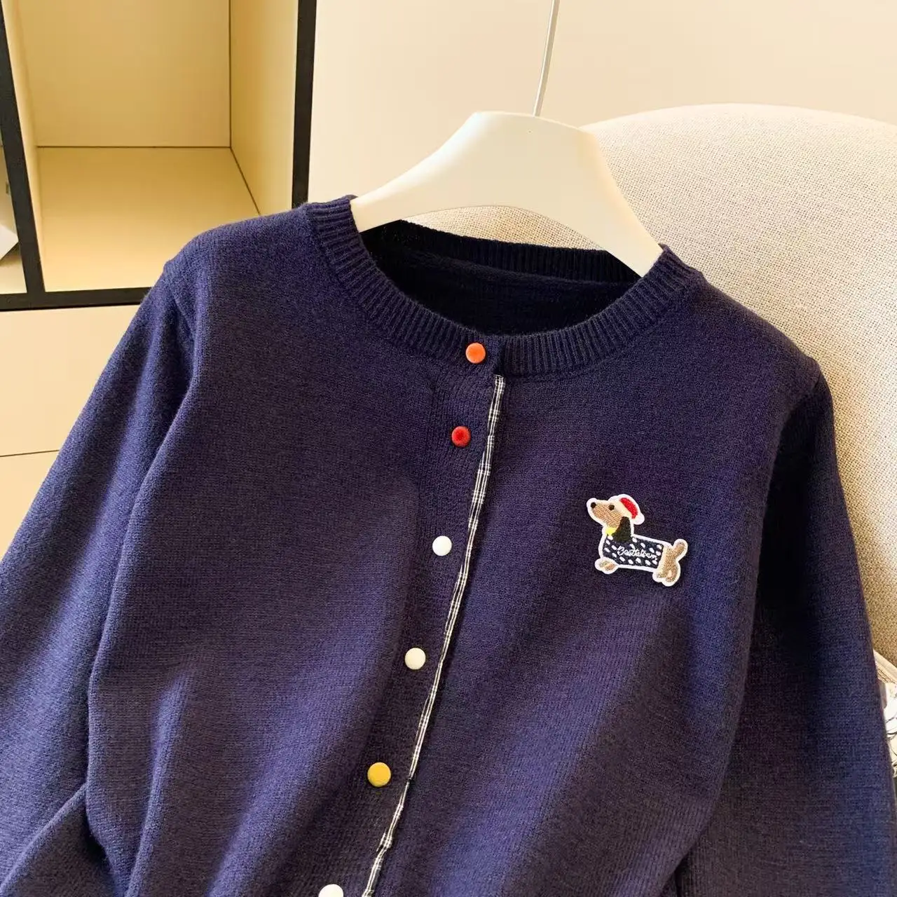 Coreano elegante camisola de malha cardigan feminino outono inverno manga longa cão bordado malhas topos moda chique senhoras jumpers