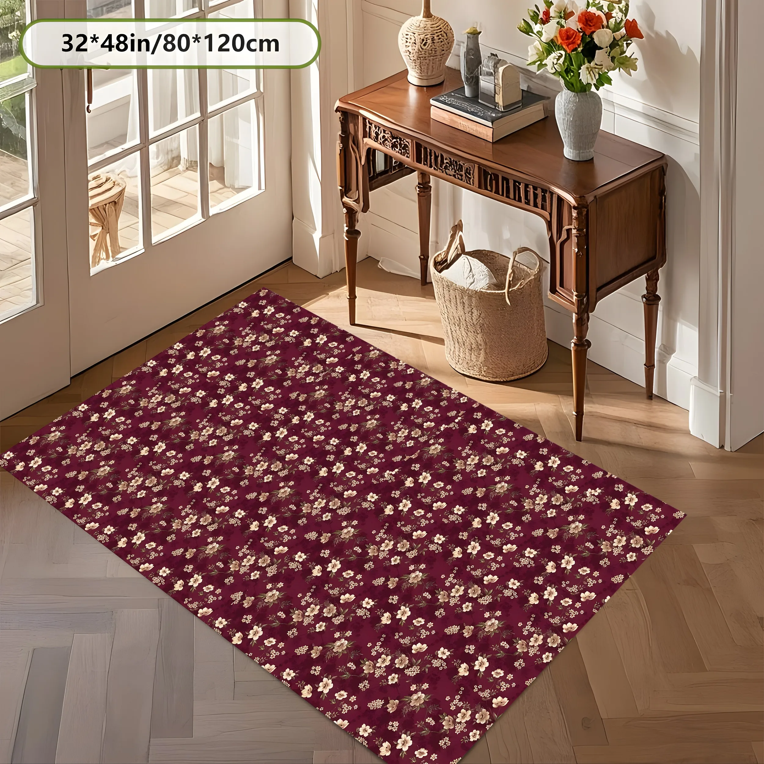 2D Large Rug Burgundy Background Small Floral Print Retro Gentle Style Living Room Bedroom Home Decor