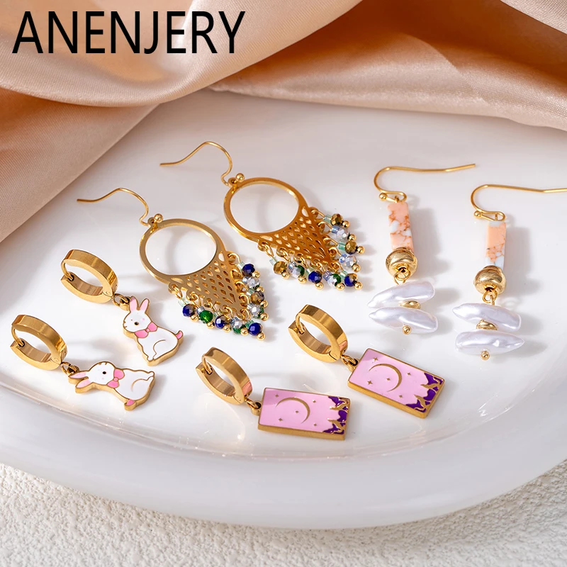 ANENJERY 316L Stainless Steel Pink Rabbit Square Pearl Dream catcher Earrings For Women Special Niche Design Jewelry Wholesale