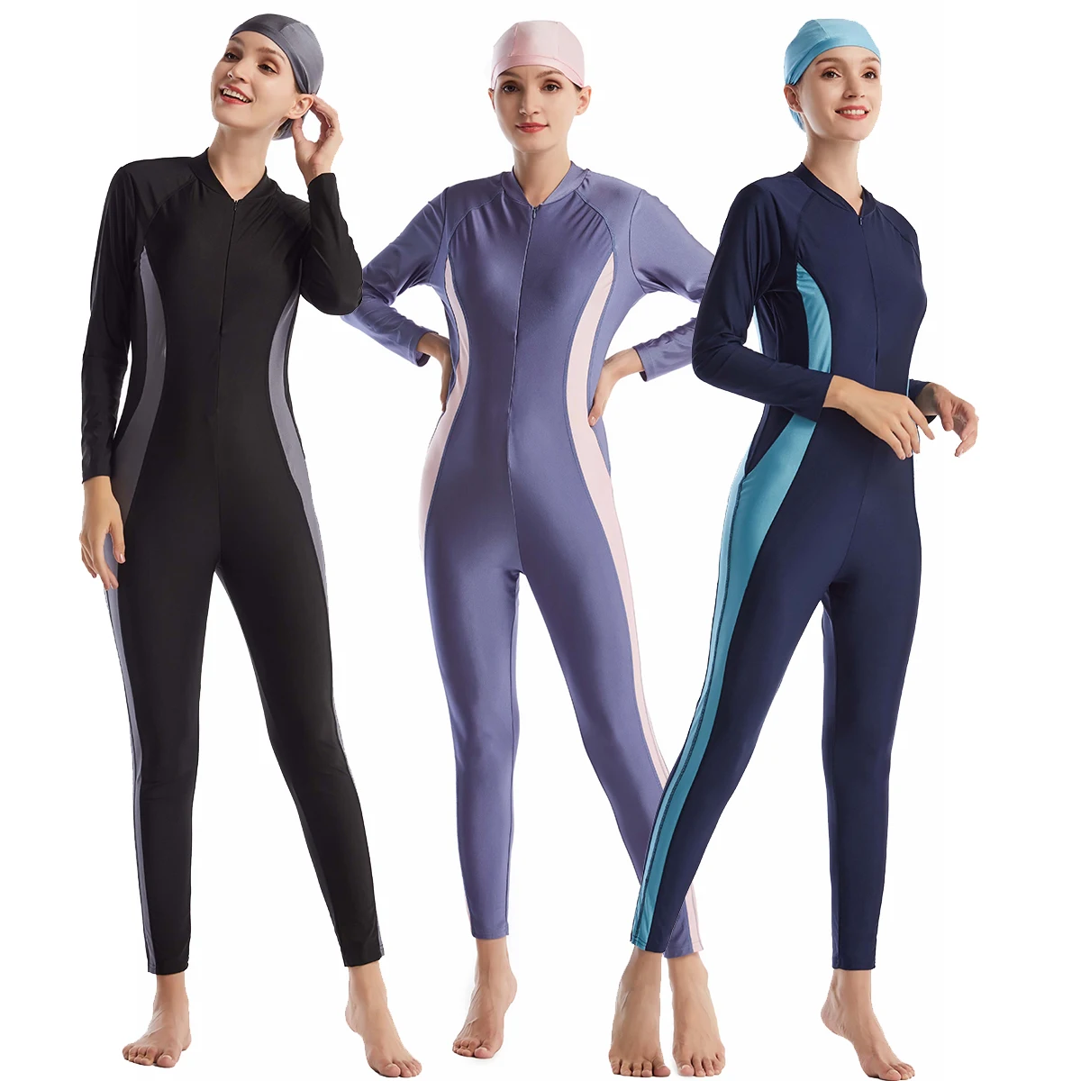 H1017 Muslim Women Full Coverage One-piece Swimsuit and Cap 2 PCS Swimming Clothes Arab Color Block Zipper Cover Up Swimwear
