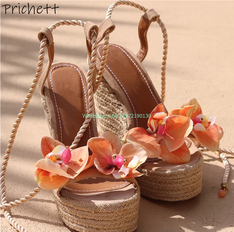 Flower Weave Wedges Sandals Round Toe Straight Strap Lace Up Ankle Band Shoes Ladies High Increase Fashion Orange Floral Shoes