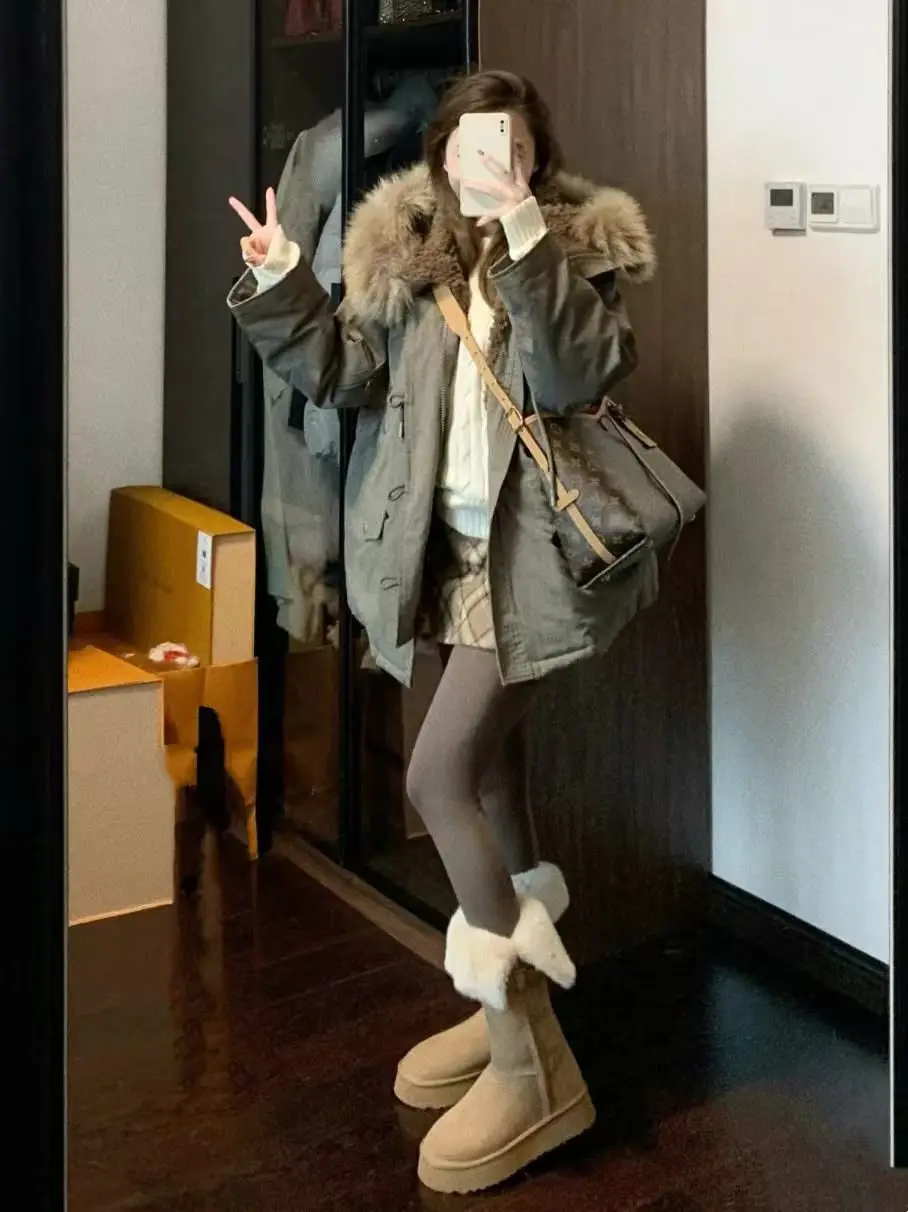 

Parkas Jacket Woman Womens Fall Buttoned Leopard Petite Furry Detail Round Neck Tie-Dye Fox Camouflage Air Waist-Closed Youthful