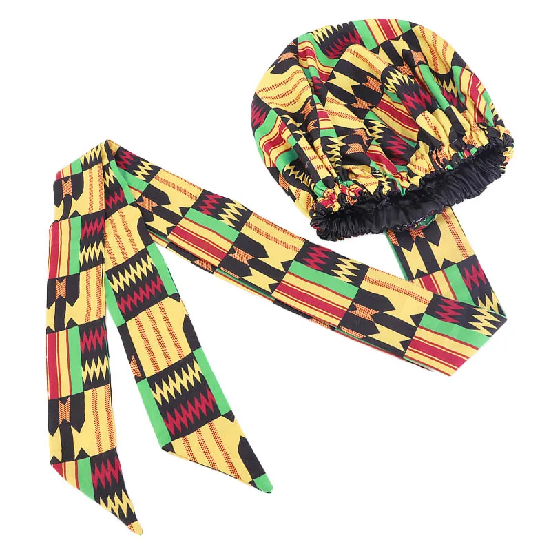 African Pattern Print Bonnet Women Night Sleep Cap Long Ribbon Satin Lining Headwrap Double Layer Headscarf Hair Cover