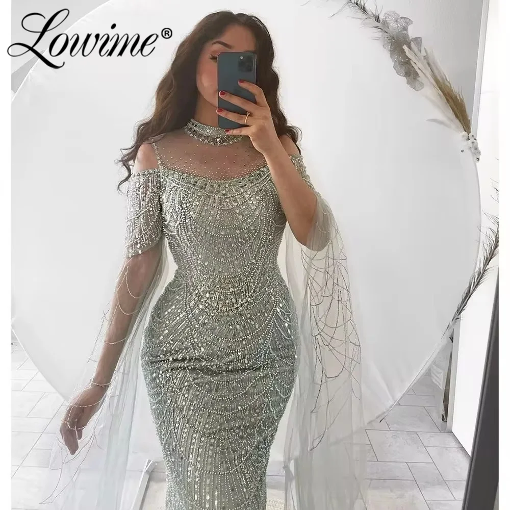 Mint Green Cape Sleeve Prom Dress Arabic Evening Dresses 2024 Custom Made Women Pearls Beaded Mermaid Formal Prom Party Dress