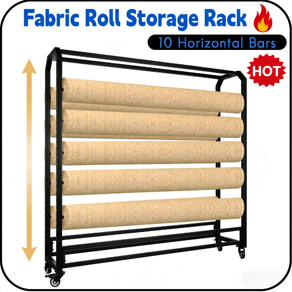 Estante de Almacenamiento para Rollos de Tela con Ruedas, Organizador de Manualidades, Acero Laminado en Frío, Espacio de Estante Ajustable para Papel Tapiz, Cortinas y Manteles