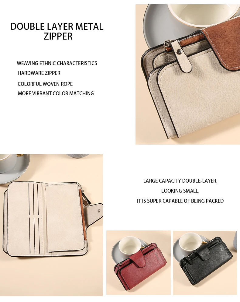 Damen-Geldbörse, dreifach gefaltet, lang, aus Wildlederimitat (PU), mit Druckknopfverschluss und Reißverschluss, viele Kartenfächer, großes Fassungsvermögen, Damen-Clutch-Geldbörse. – Detail 3