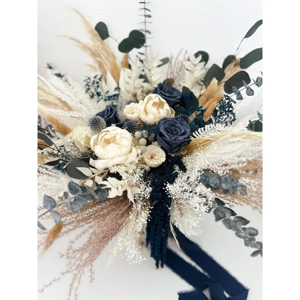 Dried Flowers,Navy,Dusty Blue Roses,White Peony Pampas Grass Bouquet,Bride and Bridesmaids Wedding Flowers