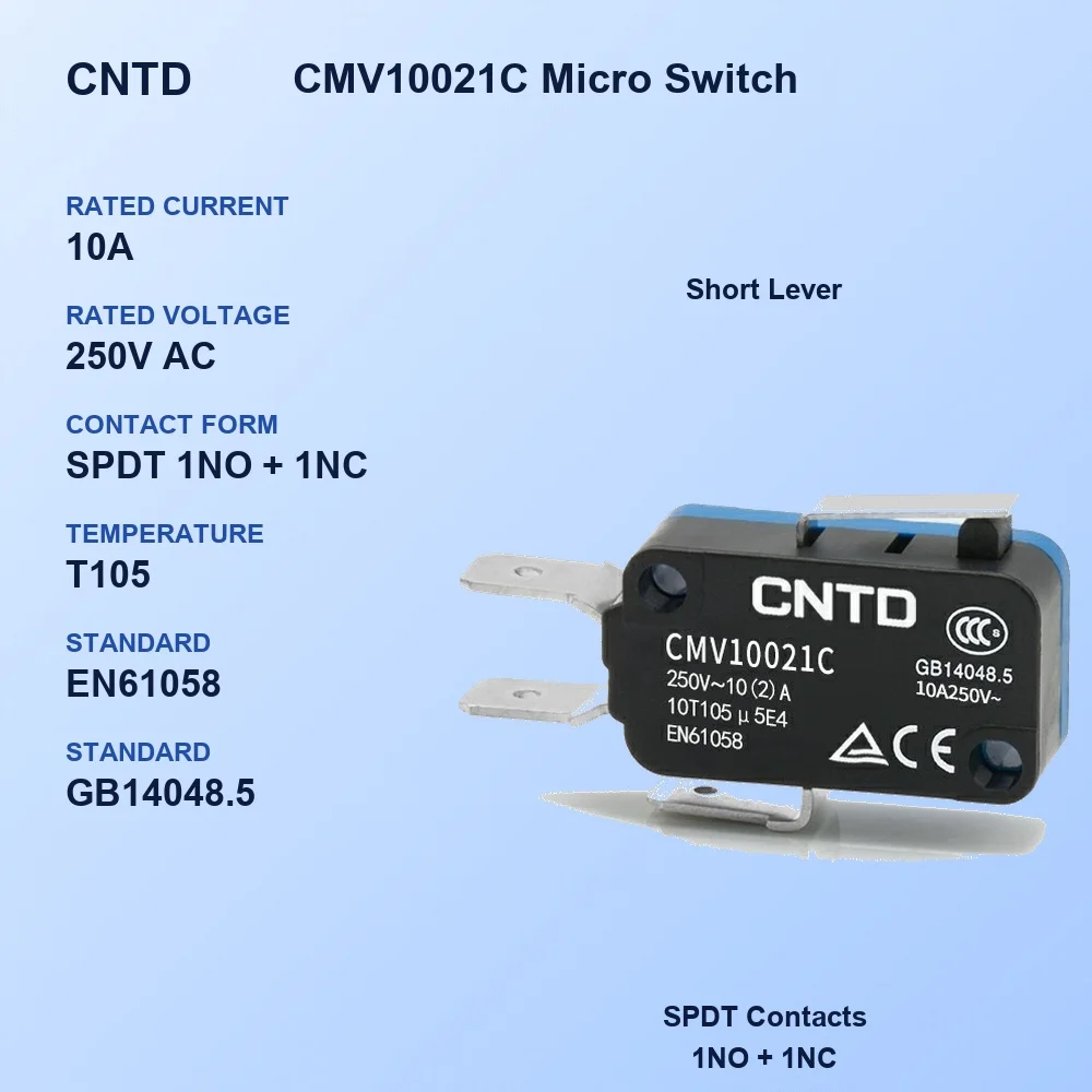 CNTD CMV10021C Micro Switch Short Lever SPDT 1NO 1NC 10A 250V AC Momentary Snap Action for CNC Automation Industrial