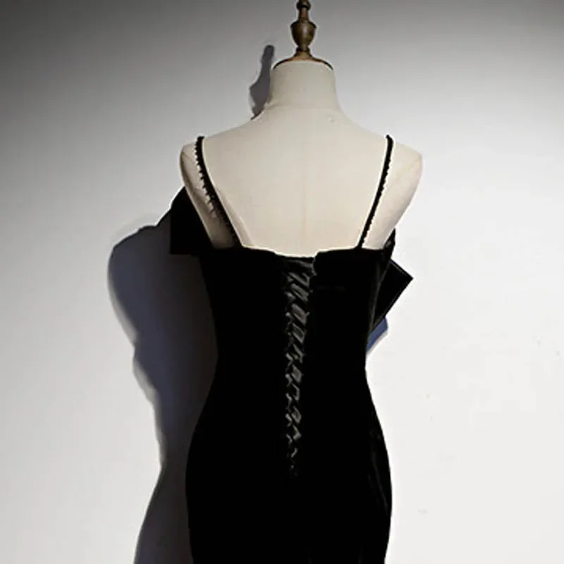 Aangepaste Zwarte Strik Avondjurk Zwart Fluwelen Spaghetti Band Zeemeermin Vloerlengte Plus size Party Formele Jurk Vrouw B1584
