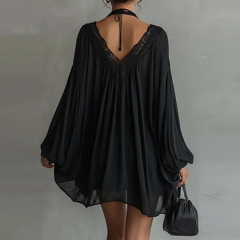 Women Deep V Lace Solid Above Knee Dress Halter Neck Sheer Puff Long Sleeve Loose Flowy Boho Party