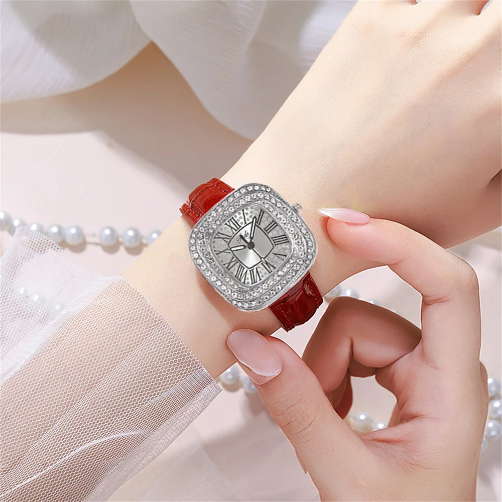 Luxury Ladies Silver Case Full Star Square Roman Design Quartz Watch Fashion White Leather Women\'s Dress Gift Clock Wristwatch