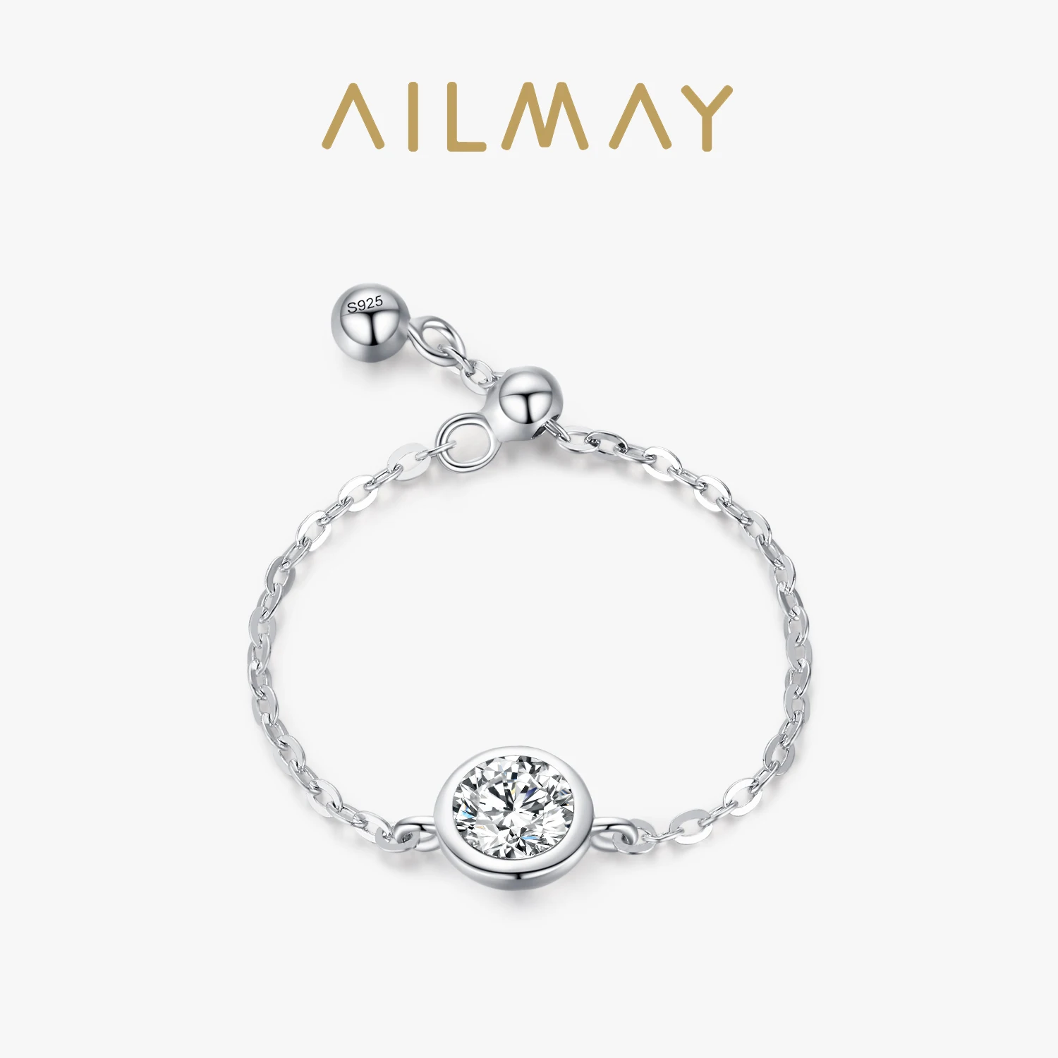 Ailmay Top Quality Real 925 Sterling Silver Simple Round Clear Zircon Chain Link Finger Ring For Fine Female Fashion Jewelry