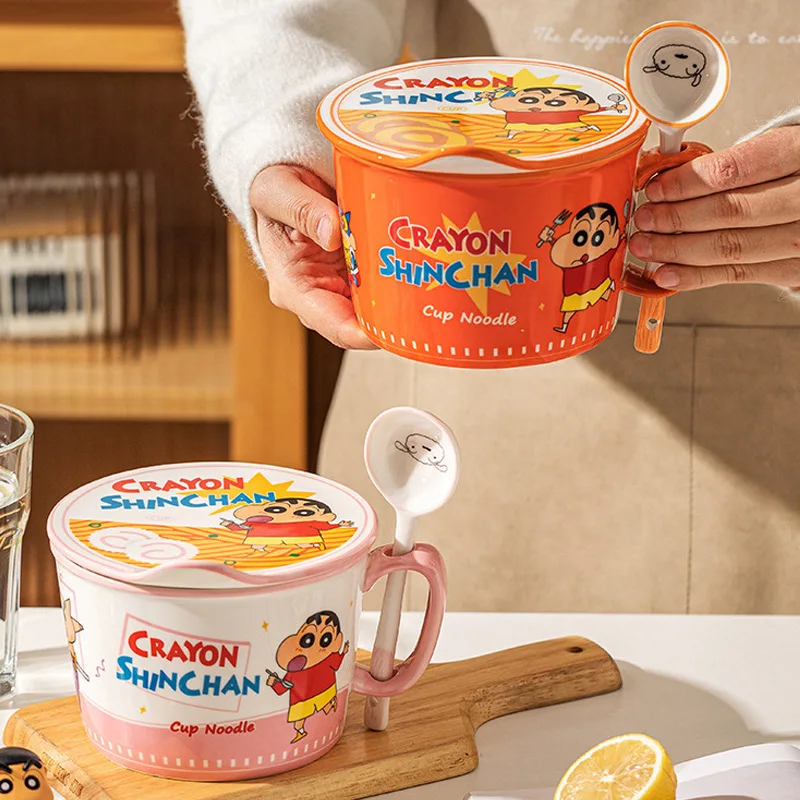 Crayon Shin Chan Ceramic Instant Noodle Bowl Covered Handle Bowl Student Instant Noodle Cup Cartoon Girl Tableware  Delicate