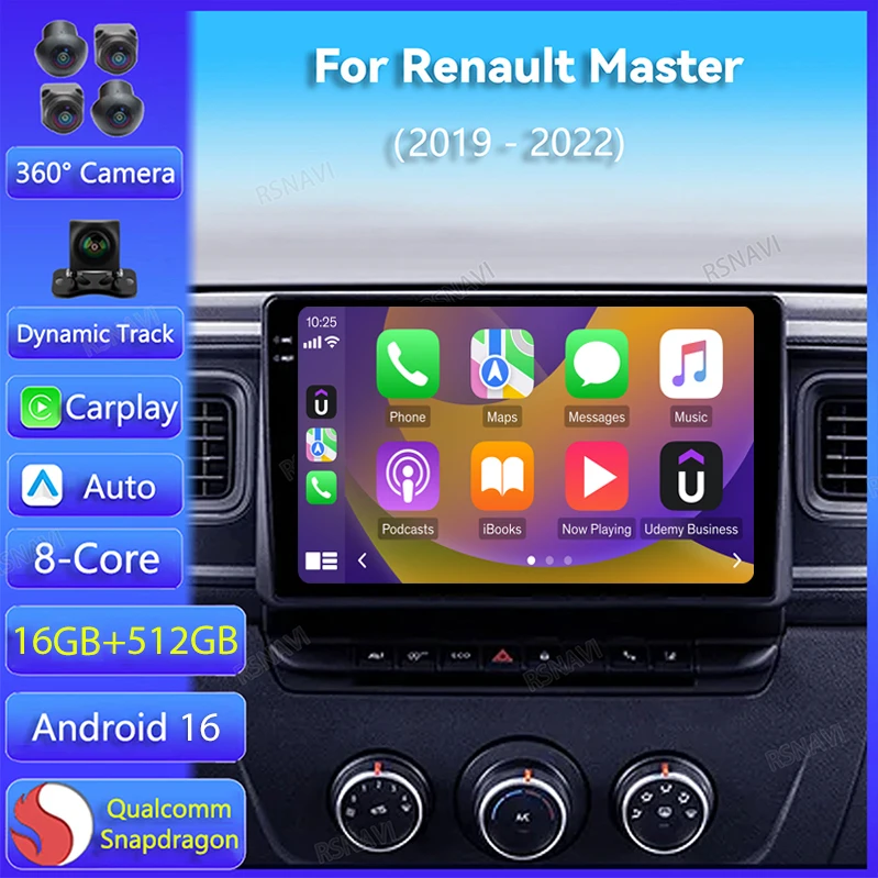 Android 16 Carplay Auto para Renault Master 2019 2020 - 2022 Rádio Automotivo com Navegação DVD Reprodutor de Vídeo DSP Estéreo Câmera 360 Sem Fio