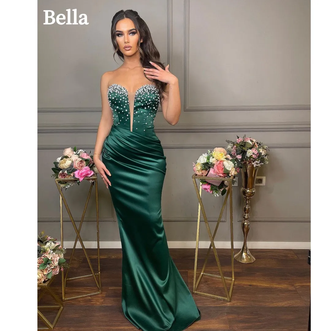 Bella Handmade Pearl Satin Robes De Soirée Sexy Dark Green Mermaid Prom Dresses Elegant Strapless Floor-length Wedding Dress